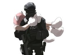 Rule 34 | 1boy, 1girl, animal ears, animal hands, assault rifle, carrying, carrying person, cat ears, cat girl, cat tail, from behind, gloves, gun, helm, helmet, highres, holster, hug, modercated, original, paw gloves, pink hair, police, princess carry, rifle, simple background, tail, weapon, white background, white footwear