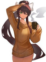 Rule 34 | 1girl, absurdres, bow, brown hair, cable knit, cup, distr, doki doki literature club, green eyes, hair bow, hair ribbon, highres, holding, holding cup, long hair, long sleeves, looking at viewer, monika (doki doki literature club), off-shoulder sweater, off shoulder, one eye closed, ponytail, ribbon, sidelocks, simple background, smile, solo, standing, steam, sweater, very long hair, white background, white bow, white ribbon, yellow sweater