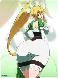 Rule 34 | 1girl, ass, braid, breasts, from behind, green eyes, hair ornament, highres, huge ass, large breasts, layerth, leafa, long hair, looking back, looking down, open mouth, pointy ears, ponytail, shorts, sideboob, solo, sword art online, very long hair, wide hips