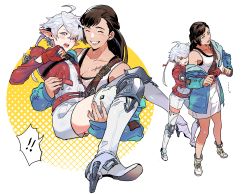 Rule 34 | !, !!, ..., 2girls, ^ ^, absurdres, ahoge, alisaie leveilleur, warrior of light (ff14), bare shoulders, belt, belt pouch, blue eyes, blue jacket, blush, boots, braid, breasts, brown hair, carrying, carrying person, chinese commentary, cleavage, clenched teeth, closed eyes, collarbone, commentary request, cropped jacket, cropped torso, dress, ear piercing, earclip, earrings, elezen, elf, embarrassed, eyes visible through hair, final fantasy, final fantasy xiv, fingerless gloves, from above, from side, full body, gloves, grey hair, grin, hair ribbon, half updo, height difference, highres, hug, hug from behind, hyur, jacket, jewelry, knee pads, legs apart, lipaidoujiang, long hair, long sleeves, looking down, multiple girls, multiple views, off shoulder, open mouth, piercing, pointy ears, pouch, princess carry, red gloves, red jacket, ribbon, romper, scar, scar on chest, shoes, shoulder belt, simple background, single braid, single earring, smile, sneakers, spoken exclamation mark, sweat, swept bangs, teeth, thigh boots, upper body, v-shaped eyebrows, waist hug, white background, white dress, white footwear, white romper, yuri