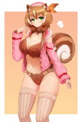 Rule 34 | 1girl, :o, animal ears, ayunda risu, beret, bra, breasts, brown background, brown bra, brown hair, brown panties, brown thighhighs, cardigan, cleavage, clothing cutout, commentary, fur-trimmed thighhighs, fur collar, fur trim, green eyes, hair ornament, hair over shoulder, hair tie, hairclip, hat, highres, hololive, hololive indonesia, large breasts, leaf hat ornament, lingerie, long hair, long sleeves, looking at viewer, low twintails, multicolored hair, navel, no pants, notte, open cardigan, open clothes, panties, parted lips, pink cardigan, pink hat, shoulder cutout, solo, squirrel ears, squirrel girl, squirrel tail, standing, streaked hair, striped clothes, striped thighhighs, tail, thighhighs, twintails, underwear, vertical-striped clothes, vertical-striped thighhighs, virtual youtuber, white hair