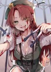 Rule 34 | 1girl, absurdres, beret, blood, braid, breasts, china dress, chinese clothes, dress, ear piercing, green eyes, hat, hat ornament, highres, holding, holding knife, hong meiling, knife, knifed, long hair, piercing, red hair, risui (suzu rks), stab, star (symbol), star hat ornament, touhou, twin braids, weapon