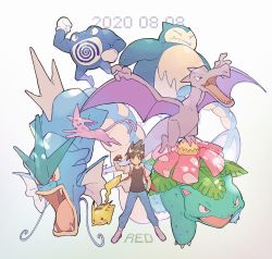 Rule 34 | 1boy, absurdres, aerodactyl, bad id, bad twitter id, black shirt, blue pants, brown hair, character name, closed mouth, creatures (company), dated, espeon, fingerless gloves, game freak, gen 1 pokemon, gen 2 pokemon, gloves, gyarados, hand in pocket, hand up, highres, holding, holding poke ball, jacket, nintendo, pants, pikachu, poke ball, poke ball (basic), pokemon, pokemon (creature), pokemon adventures, poliwrath, rata (m40929), red (pokemon), shirt, shoes, short sleeves, smile, snorlax, venusaur