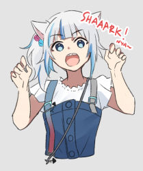 Rule 34 | 1girl, animal ears, anthemspices, blue eyes, blue hair, blush, cat ears, fins, fish tail, food, gawr gura, gawr gura (casual), grey background, hair ornament, hololive, hololive english, looking at viewer, multicolored hair, official alternate costume, open mouth, shark tail, silver hair, simple background, smile, solo, streaked hair, tail, virtual youtuber