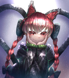Rule 34 | 1girl, absurdres, animal ears, aonori00, black bow, bow, braid, cat ears, eyebrows hidden by hair, hair bow, hands on own cheeks, hands on own face, highres, kaenbyou rin, light particles, long sleeves, looking at viewer, red eyes, red hair, skull, smile, solo, touhou, twin braids, upper body