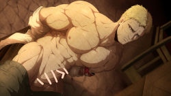 Rule 34 | 1boy, abs, alternate pectoral size, arms behind back, bar censor, bara, bare pectorals, bare shoulders, blonde hair, censored, erection, facial hair, groin, highres, kuroshinki, large pectorals, male focus, mature male, muscular, muscular male, navel, nipples, nude, off shoulder, aged up, on chair, open clothes, open shirt, paid reward available, pants, unworn pants, pectorals, penis, reiner braun, paid reward available, shingeki no kyojin, short hair, sideburns, sitting, solo, stomach, stubble, thighs, veins
