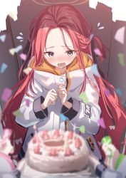 Rule 34 | 1girl, absurdres, aris (blue archive), birthday cake, blue archive, blue eyes, blush, braid, cake, confetti, flying sweatdrops, food, forehead, halo, highres, hood, hooded jacket, in locker, jacket, locker, midori (blue archive), momoi (blue archive), multicolored clothes, multicolored jacket, one side up, open mouth, parted bangs, red hair, takashima shoa, yuzu (blue archive)