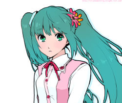 Rule 34 | bad id, bad pixiv id, bow, buttons, eye reflection, face, flower, flowers in hair, green eyes, green hair, hair ornament, hatsune miku, kari (kakko k), pink bow, reflection, simple background, solo, twintails, vest, vocaloid, watermark, white background