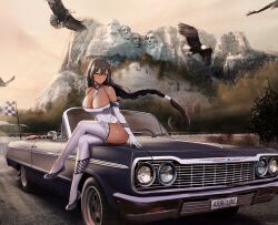 Rule 34 | 1girl, absurdres, alternate costume, azur lane, bald eagle, bird, braid, braided ponytail, breasts, car, character name, checkered flag, chevrolet, chevrolet impala, cleavage, convertible, copyright name, crossed legs, dark-skinned female, dark skin, eagle, eagle union (emblem), elbow gloves, flag, full body, gloves, highleg, highleg leotard, highres, kcar66t, large breasts, leotard, license plate, long hair, looking at viewer, motor vehicle, mount rushmore, muscle car, product placement, race queen, real world location, road, sitting on car, south dakota (azur lane), thighhighs, third-party source, white leotard, white thighhighs