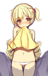 Rule 34 | 1girl, bare shoulders, blonde hair, blush, brown eyes, clothes in mouth, clothes lift, dress, dress in mouth, dress lift, hair between eyes, hair tie, head tilt, kurasuke, mouth hold, navel, nose blush, original, panties, side ponytail, simple background, sketch, sleeveless, sleeveless dress, solo, underwear, white background, white panties, yellow dress