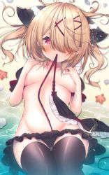 Rule 34 | 1girl, beach, bikini, bikini bottom only, black bikini, black thighhighs, blonde hair, breasts, commentary request, hair over eyes, hair over one eye, hair ribbon, highres, ko yu, long bangs, long hair, looking at viewer, lying, medium breasts, mouth hold, nude, on back, original, pink eyes, ribbon, sand, solo, swimsuit, tears, thighhighs, twintails, wavy mouth