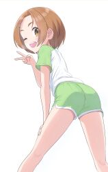 Rule 34 | 1girl, ;d, ass, blush, breath, dolphin shorts, feet out of frame, forehead, green shorts, highres, idolmaster, idolmaster cinderella girls, looking at viewer, looking back, one eye closed, open mouth, orange hair, parted bangs, raglan sleeves, ryuzaki kaoru, short hair, short sleeves, shorts, side slit, simple background, smile, solo, teeth, upper teeth only, v, white background, yama tatsuo