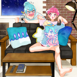 Rule 34 | 2girls, aged up, alternate hairstyle, aqua eyes, barefoot, beer can, blush, bright pupils, can, character print, coffee table, commentary, controller, couch, cure milky, drink can, earrings, frown, full-face blush, hagoromo lala, hair bun, hair up, heart, heart hands, highres, holding, holding can, holding remote control, hoshina hikaru, indoors, jewelry, lamp, leaning forward, leg up, long shirt, looking at another, looking back, loungewear, magical girl, multiple girls, night, night sky, on couch, open mouth, pillow, pointy ears, precure, print shirt, red eyes, red hair, remote control, shirt, short hair, short sleeves, single hair bun, sitting, sky, smile, standing, star-shaped pupils, star (symbol), star earrings, star twinkle precure, symbol-shaped pupils, t-shirt, table, ton (ton39342104), white pupils, window