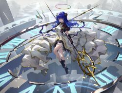 Rule 34 | 1girl, absurdres, ankle boots, arknights, black footwear, blue eyes, blue hair, boots, breasts, clock face, commentary request, demon horns, dress, energy wings, fallen angel, frown, halo, highres, holding, holding staff, horns, laomotou, large breasts, layered dress, long hair, looking at viewer, mixed-language commentary, mostima (arknights), mostima (spellbreaker) (arknights), multicolored halo, official alternate costume, outdoors, rainbow halo, sky, solo, staff, white dress, white sky, wings