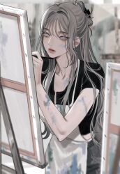 Rule 34 | 1girl, apron, black pants, black shirt, canvas (object), easel, eriol s2, grey hair, highres, long hair, looking at viewer, original, paint on body, paint on clothes, paint on hands, painting (action), pants, shirt, solo, standing, white apron