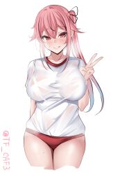 Rule 34 | 1girl, :d, absurdres, alternate breast size, blue hair, blush, breasts, buruma, gradient hair, gym shirt, gym uniform, hair ornament, hair ribbon, harusame (kancolle), highres, kantai collection, large breasts, long hair, looking at viewer, multicolored hair, open mouth, pink hair, red buruma, red eyes, ribbon, shirt, short sleeves, side ponytail, smile, solo, tf cafe, twitter username, v, white background, white shirt