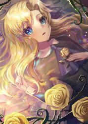 Rule 34 | 1girl, black dress, blonde hair, blue eyes, d:, dress, flower, from above, hair intakes, highres, ib (kouri), long hair, long sleeves, looking at viewer, lying, mary (ib), on back, open mouth, plant, raymond busujima, rose, solo, straight hair, thorns, vines, yellow flower, yellow rose
