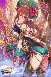 Rule 34 | 1girl, arched back, arrow (projectile), ass, berry, black footwear, blush, boots, bow (weapon), brown hair, closed mouth, company name, copyright name, detached sleeves, dress, evening, flower, forest, from side, fukai ryosuke, gem, grand sphere, green dress, green hat, hair between eyes, hair ornament, hat, hat flower, holding, holding bow (weapon), holding weapon, leaf, log, long hair, looking at viewer, looking to the side, nature, official art, outdoors, petals, pink eyes, pointy ears, quiver, red flower, red gemstone, short dress, skindentation, solo, standing, thigh boots, thighhighs, tree, water, weapon, wet, wind