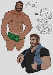 Rule 34 | 0 0, 1boy, abs, alternate costume, arm hair, bara, beard, black shirt, bulge, cheschirebacon, chibi, chibi inset, collage, cropped legs, dark-skinned male, dark skin, denim, denim jacket, drawstring, english text, facial hair, graves (league of legends), green male swimwear, green swim trunks, hair slicked back, highres, jacket, large pectorals, league of legends, male focus, male swimwear, mature male, muscular, muscular male, mustache, navel, nipples, open clothes, open jacket, pectorals, shirt, short hair, stomach, surprised, swim trunks, swimsuit, tan, tanline, thick eyebrows, thighs, tight clothes, tight shirt, topless male