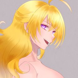 Rule 34 | 1girl, ahoge, antenna hair, armpits, arms at sides, bare shoulders, blonde hair, breasts, unworn clothes, collarbone, completely nude, eyelashes, female focus, from side, grey background, happy, highres, large breasts, long hair, long image, looking at viewer, messy hair, neck, no bra, nude, open mouth, profile, purple eyes, riri (artist), rooster teeth, roosterteeth, rwby, seductive smile, sexually suggestive, sideboob, sidelocks, simple background, smile, smug, solo, standing, suggestive, tall image, topless, topless frame, upper body, very long hair, yang xiao long