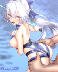 Rule 34 | 1boy, 1girl, ass, back, bare shoulders, blue bow, blue one-piece swimsuit, bow, breasts, breasts out, censored, energy sword, fate/grand order, fate (series), free note017, hair between eyes, hair bow, hetero, highleg, highleg swimsuit, large breasts, long hair, looking back, mosaic censoring, nipples, one-piece swimsuit, open mouth, penis, ponytail, red eyes, sex, sex from behind, solo focus, standing, standing sex, swimsuit, sword, tearing up, thigh strap, thighs, tomoe gozen (fate), tomoe gozen (swimsuit saber) (fate), tomoe gozen (swimsuit saber) (first ascension) (fate), two-tone swimsuit, vaginal, weapon, white hair, white one-piece swimsuit