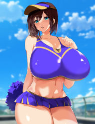 Rule 34 | 1girl, alternate costume, barefoot, blue eyes, blue sky, blurry, blurry background, breasts, brown hair, bursting breasts, cheerleader, cleavage, cloud, cloudy sky, collarbone, crop top, curvy, female focus, hair between eyes, hat, holding, holding pom poms, huge breasts, looking at viewer, microskirt, miniskirt, navel, open mouth, original, outdoors, pleated skirt, pom pom (cheerleading), pom poms, purple skirt, purple tank top, shiny clothes, shiny skin, short hair, skirt, sky, solo, standing, tank top, taut clothes, taut skirt, thick thighs, thighs, tight skirt, zonfutoshi