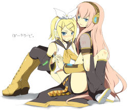 Rule 34 | 2girls, :/, age difference, black legwear, blonde hair, blue eyes, blue nails, blush, boots, breasts, child, couple, detached sleeves, female focus, flat chest, hair ornament, hair ribbon, hairclip, headphones, headset, holding hands, kagamine rin, kl (dgzonbi), leg warmers, long hair, looking back, megurine luka, multiple girls, musical note, nail polish, onee-loli, pink hair, ribbon, sailor collar, short hair, short shorts, shorts, simple background, sitting, smile, thighhighs, vocaloid, yellow nails, yuri
