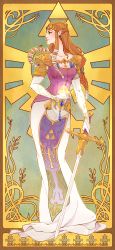 Rule 34 | 1girl, armor, art nouveau, blue eyes, brown hair, contrapposto, curvy, dress, elbow gloves, gloves, highres, jewelry, koi (fishnbacon), long hair, nintendo, parody, pauldrons, pointy ears, princess zelda, shoulder armor, solo, standing, style parody, sword, the legend of zelda, the legend of zelda: twilight princess, tiara, triforce, weapon, white gloves