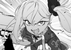 Rule 34 | 1girl, blue archive, commentary, dorontabi, dress, emphasis lines, fangs, greyscale, gun, hair between eyes, hair ornament, holding, holding gun, holding weapon, long hair, looking at viewer, middle finger, monochrome, mutsuki (blue archive), open mouth, ponytail, short sleeves, side ponytail, slit pupils, solo, symbol-only commentary, upper body, weapon