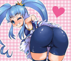 Rule 34 | 10s, 1girl, ass, bad id, bad pixiv id, bike shorts, blue eyes, blue hair, blush, cameltoe, cleft of venus, crown, cure princess, happinesscharge precure!, heart, huge ass, long hair, looking at viewer, looking back, magical girl, matching hair/eyes, nikobun, one eye closed, precure, shirayuki hime, solo, twintails, wink