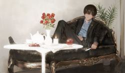 Rule 34 | 1boy, apple, black footwear, black hair, black pants, blue shirt, candle, cherry, closed eyes, closed mouth, flower, food, formal, fruit, highres, hirota tsuu, indoors, male focus, original, pants, pillow, plant, potted plant, red flower, red rose, rose, shirt, sitting, solo, suit, table, teapot, vase