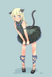 Rule 34 | 1girl, alternate costume, animal ears, aohashi ame, armband, black dress, black footwear, blonde hair, blue eyes, blush, cat ears, cat tail, choker, dress, hair ribbon, helma lennartz, highres, leg ribbon, mary janes, open mouth, ribbon, footwear ribbon, shoes, sleeveless, standing, strike witches, sweat, tail, tearing up, tears, trembling, world witches series