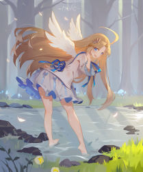 Rule 34 | 1girl, absurdres, blonde hair, blue eyes, feathered wings, filo (tate no yuusha no nariagari), helic (7317helic), highres, kneepits, long hair, looking at viewer, open mouth, outdoors, smile, solo, tate no yuusha no nariagari, very long hair, wading, water, white wings, wings