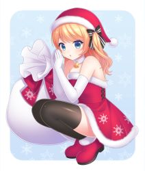 Rule 34 | 1girl, bell, black bow, black thighhighs, blonde hair, blue eyes, blush, bow, dated, elbow gloves, gloves, hair bow, hat, highres, long hair, original, parted lips, red hat, sack, santa costume, santa hat, snowflakes, solo, squatting, thighhighs, white gloves, yamayu