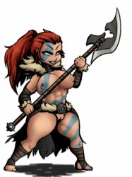 Rule 34 | 1girl, abs, animated, animated gif, axe, bandaged leg, bandages, barbarian, barefoot, battle axe, blue eyes, bodypaint, bouncing breasts, breasts, cleft of venus, darkest dungeon, detached collar, detached sleeves, facepaint, fighting stance, full body, functionally nude, fur-trimmed hood, fur-trimmed skirt, fur-trimmed sleeves, fur trim, glaive (polearm), hellion (darkest dungeon), holding, holding axe, hood, large breasts, long hair, lowres, nipples, no bra, no panties, nude, nude mod, open clothes, open skirt, polearm, ponytail, pussy, red hair, shadow, skirt, smile, solo, standing, teeth, thick thighs, thighs, torn clothes, torn skirt, transparent background, uncensored, video game, warrior, weapon, xelsword