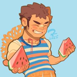 Rule 34 | 1boy, all saints street (style), alternate muscle size, bandaid, bandaid on face, bandaid on nose, bara, blue background, blue shirt, blush stickers, chibi, dk (den ai d), food, fruit, hat, highres, holding, incoming food, long sideburns, male focus, muscular, muscular male, parody, pectorals, protagonist 1 (housamo), shirt, short hair, sideburns, simple background, solo, straw hat, style parody, thick eyebrows, tokyo houkago summoners, upper body, wansheng jie, watermelon, watermelon slice