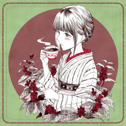 Rule 34 | 1girl, blush stickers, braid, brown background, coffee, coffee wo shizuka ni, commentary request, cropped torso, cup, green background, green eyes, hand up, holding, holding cup, japanese clothes, kimono, limited palette, long sleeves, looking away, miyabi akino, mole, mole under eye, obi, parted lips, sash, shizuka (coffee wo shizuka ni), short hair, sidelocks, solo, steam, striped background, striped clothes, striped kimono, two-tone background, upper body, vertical-striped clothes, vertical-striped kimono, wide sleeves