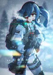 Rule 34 | 1girl, absurdres, ammunition pouch, aria (jestami), artist name, assault rifle, asymmetrical hair, backpack, bag, battlefield 2042, blood, blood on face, blue hair, canadian flag, chromatic aberration, commentary, crossed bangs, cuts, elbow pads, english commentary, english text, eyepatch, feet out of frame, full body, gloves, glowing, gun, hair between eyes, headset, high collar, highres, holding, holding gun, holding weapon, holster, injury, jacket, jestami, jtf-2, laser sight, magazine (weapon), military jacket, military operator, open mouth, optical sight, orange eyes, original, pants, bulletproof vest, pouch, rifle, side ponytail, snowing, solo, suppressor, thigh holster, trigger discipline, weapon, weapon request, white jacket, white pants