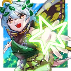 Rule 34 | 1girl, antennae, aqua hair, blush, butterfly wings, dress, eternity larva, fairy, green dress, hair between eyes, highres, insect wings, komori (komo ricecake), leaf, leaf on head, multicolored clothes, multicolored dress, open mouth, orange eyes, short hair, short sleeves, smile, solo, star (symbol), touhou, wings
