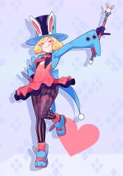 Rule 34 | 1girl, absurdres, anato (yukino), animal ears, animal shoes, argyle, argyle clothes, argyle legwear, blonde hair, dress, finii (omega strikers), flat chest, hat, highres, holding, holding wand, jacket, licking lips, long sleeves, magician, medium hair, omega strikers, open clothes, open jacket, pantyhose, patterned background, rabbit ears, red dress, red eyes, simple background, smile, solo, standing, standing on one leg, striped clothes, striped pantyhose, tongue, tongue out, top hat, wand, wide sleeves