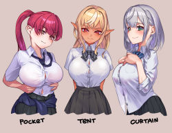 Rule 34 | &gt;:), 3girls, absurdres, adjusting clothes, alternate costume, arms behind back, arms under breasts, black necktie, black skirt, blunt bangs, blush, bow, bowtie, bra, bra peek, bra visible through clothes, breast pocket, breast suppress, breasts, bursting breasts, button gap, closed mouth, clothes around waist, clothes lift, collarbone, collared shirt, covered erect nipples, cropped torso, crossed bangs, curtain call challenge (meme), dark-skinned female, dark elf, dark skin, dress shirt, elf, fang, from side, green eyes, grey background, hands on own stomach, hands up, head tilt, heterochromia, high-waist skirt, highres, hololive, houshou marine, impossible clothes, impossible shirt, large breasts, long hair, long sleeves, looking at viewer, matching outfits, meme, miniskirt, multicolored hair, multiple girls, narrow waist, navel, necktie, orange eyes, otk, pleated skirt, pocket, pointy ears, ponytail, red eyes, red hair, school uniform, see-through, see-through silhouette, shiranui flare, shirogane noel, shirogane noel (school uniform), shirt, shirt lift, shirt overhang, shirt tucked in, short sleeves, sidelocks, simple background, skirt, sleeves rolled up, smile, straight-on, streaked hair, striped bow, striped bowtie, striped clothes, sweater, sweater around waist, swept bangs, take your pick, taut clothes, taut shirt, tented shirt, tight clothes, tight shirt, tsurime, underwear, uniform, untucked shirt, v-shaped eyebrows, virtual youtuber, white hair, white shirt, yellow eyes