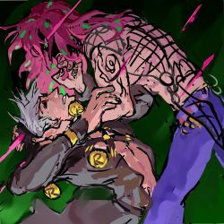 Rule 34 | 2boys, battle, black sclera, chest harness, colored sclera, diavolo, harness, hat, jojo no kimyou na bouken, kuangzihaixing, long hair, looking at another, male focus, multiple boys, pants, pink hair, purple pants, red eyes, risotto nero, scared, vento aureo, white hair