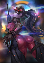 Rule 34 | 1girl, ass, back, black gloves, bodysuit, breasts, cglas, colored skin, cowboy shot, earrings, floating hair, from behind, gloves, glowing, gun, head-mounted display, holster, jewelry, lips, long hair, looking at viewer, looking back, overwatch, overwatch 1, parted lips, ponytail, purple hair, purple lips, purple skin, rifle, sniper rifle, solo, stud earrings, thigh holster, thigh strap, visor, weapon, widowmaker (overwatch), yellow eyes