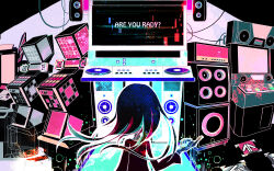 Rule 34 | 1girl, absurdres, arcade cabinet, arrow (symbol), bemani, buttons, cable, colorful, cube, english text, facing away, highres, index finger raised, light particles, long hair, long sleeves, mitsu3 haya, pop&#039;n music, solo, speaker
