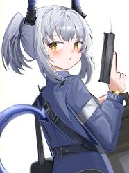 Rule 34 | 1girl, absurdres, arknights, blurry, blurry foreground, blush, brown eyes, depth of field, from behind, grey hair, grey jacket, gun, handgun, highres, holding, holding gun, holding weapon, horns, jacket, liskarm (arknights), long sleeves, looking at viewer, looking back, parted lips, ponytail, puffy long sleeves, puffy sleeves, riot shield, shield, sidelocks, simple background, smoke, smoking barrel, solo, spam (spamham4506), tail, watch, weapon, white background, wristwatch