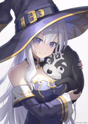 Rule 34 | 1girl, absurdres, animal, bare shoulders, breasts, cleavage, closed mouth, commentary request, detached sleeves, dress, hair between eyes, hanagamigendai, hat, highres, holding, holding animal, long hair, long sleeves, looking at viewer, medium breasts, original, purple dress, purple eyes, purple hat, purple nails, simple background, smile, solo, twitter username, upper body, white background, white hair, witch, witch hat