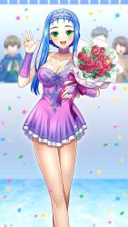 Rule 34 | 1girl, :d, audience, bare legs, blue hair, blush, bouquet, breasts, bridal gauntlets, cleavage, collarbone, doukyuusei another world, dress, figure skating dress, flower, game cg, green eyes, hairband, holding, holding bouquet, kakyuusei, large breasts, looking at viewer, open mouth, pink dress, pink hairband, pleated dress, red flower, red rose, rose, see-through, see-through dress, short dress, short hair with long locks, sidelocks, smile, solo, sparkle, standing, yamashita minatsu