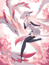 Rule 34 | 1girl, bare shoulders, black thighhighs, blush, breasts, clothing cutout, creature, detached sleeves, dress, full body, grey dress, grey hair, head wings, highres, large breasts, long hair, long sleeves, looking at viewer, no shoes, original, parted lips, petals, red eyes, rx7649, simple background, smile, solo, stirrup legwear, tail, tail through clothes, thighhighs, toeless legwear, very long hair, white background, wings