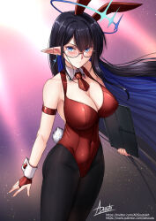 Rule 34 | 1girl, adsouto, animal ears, black hair, blue archive, blue eyes, blue hair, breasts, bridal gauntlets, collarbone, colored inner hair, covered navel, detached collar, earrings, fake animal ears, fake tail, glasses, halo, highres, jewelry, large breasts, leotard, looking at viewer, multicolored hair, necktie, pantyhose, playboy bunny, rabbit ears, rabbit tail, rin (blue archive), semi-rimless eyewear, signature, solo, tablet pc, tail, two-tone hair, under-rim eyewear, wind, wind lift, wrist cuffs