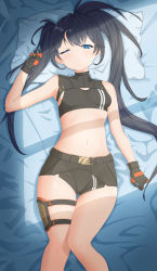 Rule 34 | 1girl, absurdres, bikini, bikini top only, black hair, black rock shooter, black rock shooter: dawn fall, black rock shooter (character), blue eyes, breasts, heiyan97, highres, long hair, lying, one eye closed, shorts, small breasts, solo, swimsuit, thighs